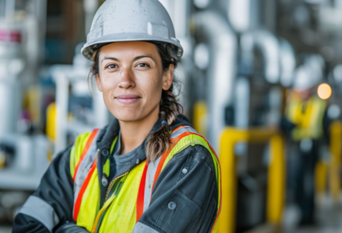 Woman in a hard hat and safety vest standing in an industrial setting