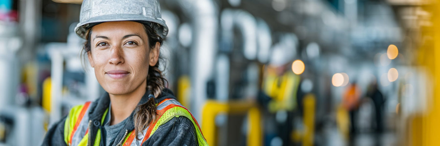 Woman wearing a hard hat and safety vest in an industrial setting