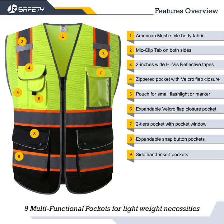 JKSafety 9 Pockets Mesh Two-Tone Hi-Vis Reflective Safety Vest, Black Bottom (JK100)
