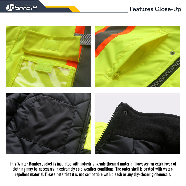 JKSafety 10 Pockets Winter Hi-Vis Reflective Safety Bomber Jacket, Standing Fleece Collar (JK116)