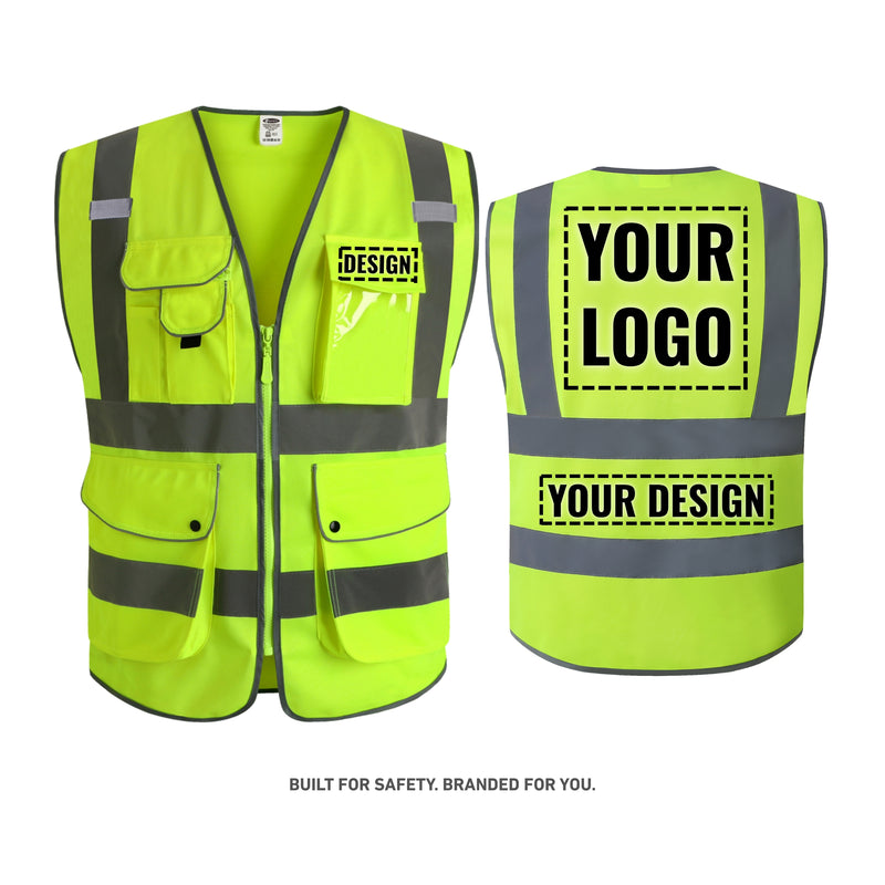 Custom Logo Hi-Vis Reflective Safety Vest with 9 Pockets and Zipper – JK150