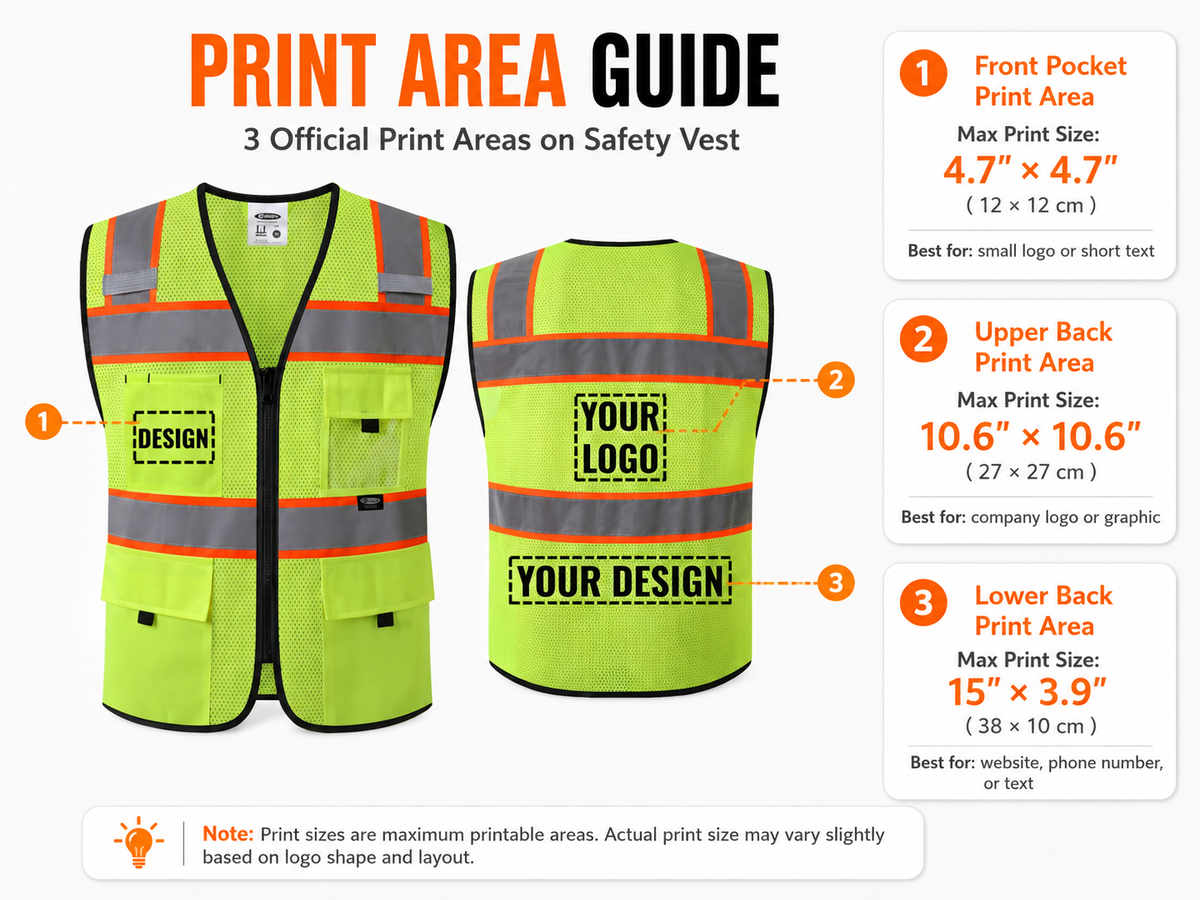 CUSTOM Hi-Vis Safety Vests & Reflective Workwear | JKSafety(BX331) Print Area Guide