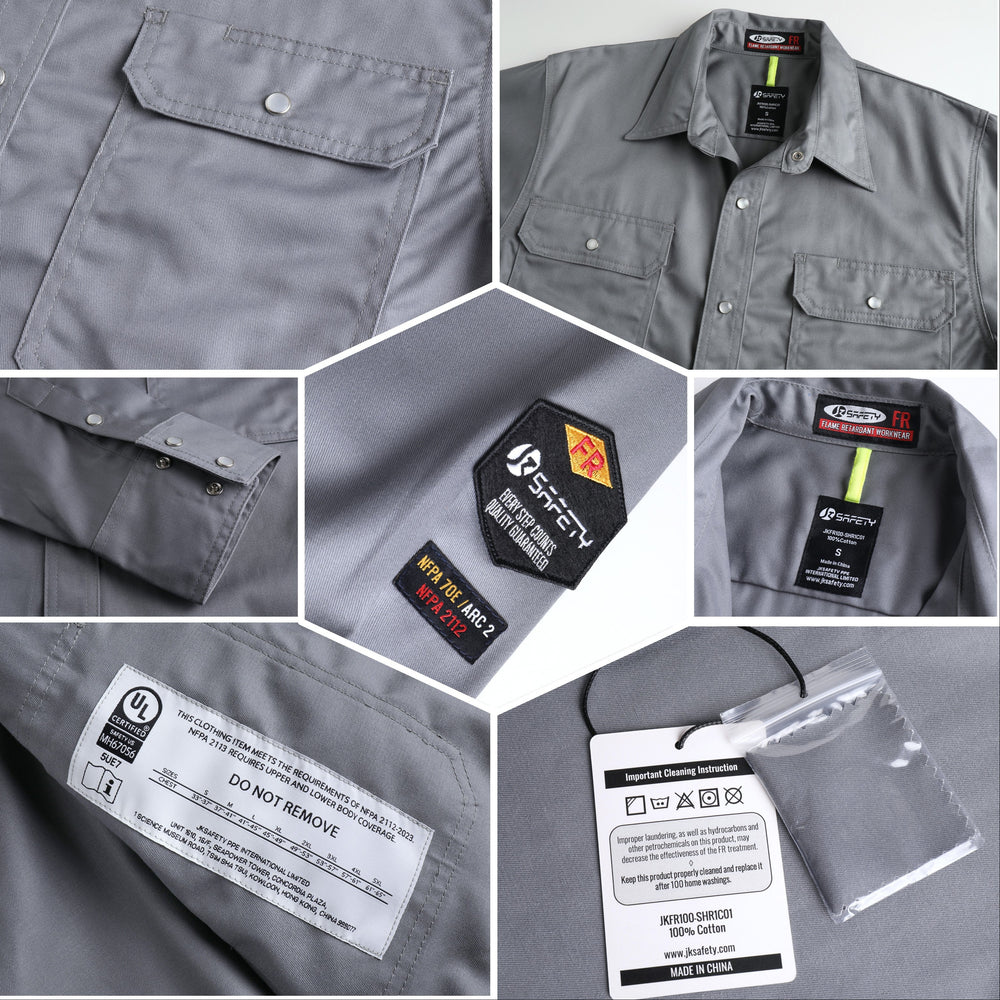 fire retardant dress shirts JKSafety ARC 2 FR Long Sleeve Welding Shirt, Grey / XX-Large What to Wear to Size:1/EACH  8x12 The lightweight 100 GW26