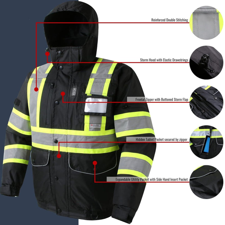 JKSafety 10 Pockets Waterproof Hi-Vis Reflective Winter Bomber Jacket (JK118)