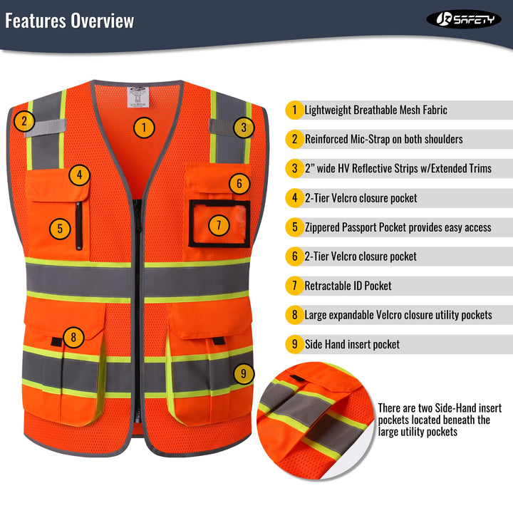 JKSafety 9 Pockets Hi-Vis Mesh Safety Vest, Two-Tone (JK140)