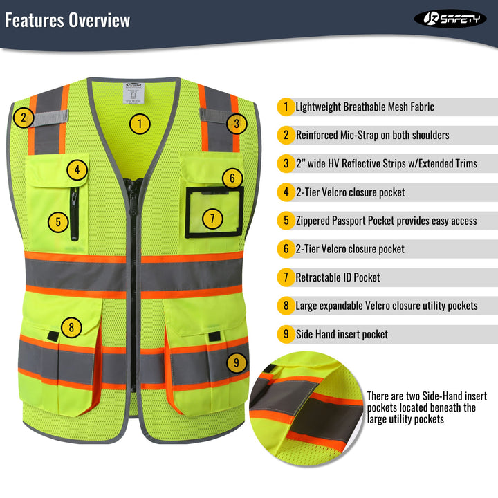 JKSafety 9 Pockets Hi-Vis Mesh Safety Vest, Two-Tone (JK140)