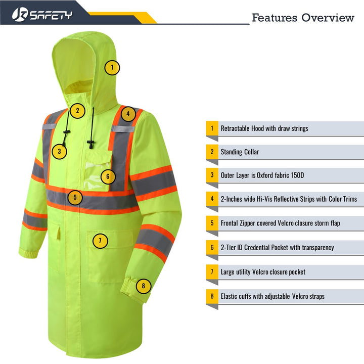 JKSafety Hi-Vis Reflective Safety Rain Gear, Waterproof Long Rain Jacket (JKR119)