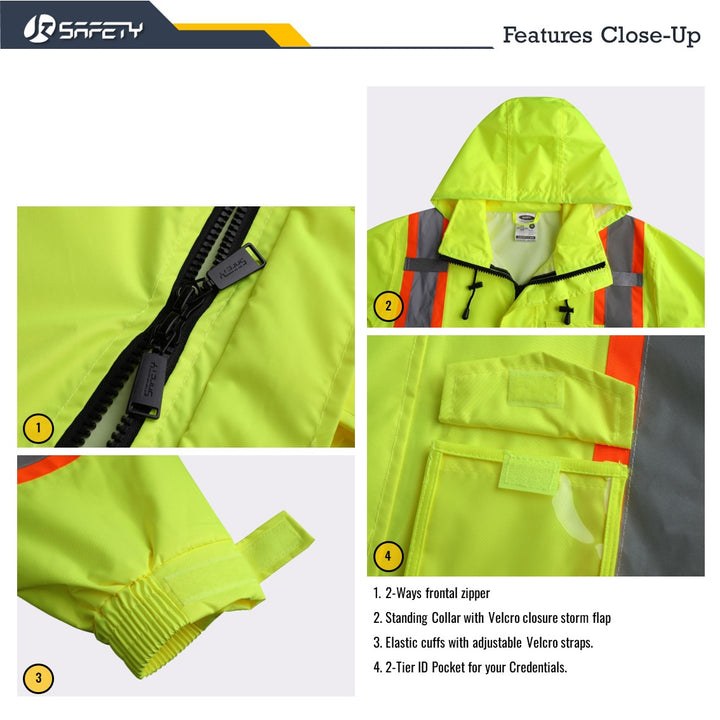 JKSafety Hi-Vis Reflective Safety Rain Gear, Waterproof Long Rain Jacket (JKR119)