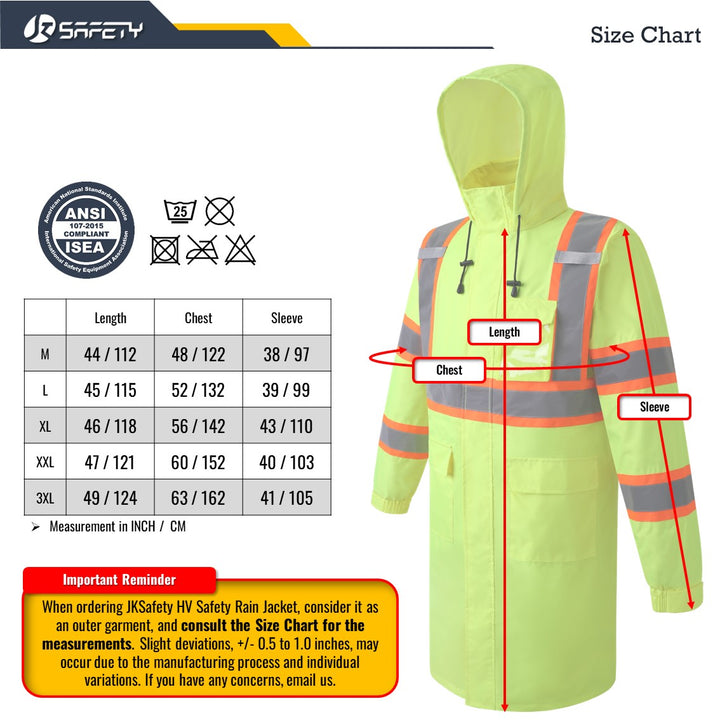 JKSafety Hi-Vis Reflective Safety Rain Gear, Waterproof Long Rain Jacket (JKR119)