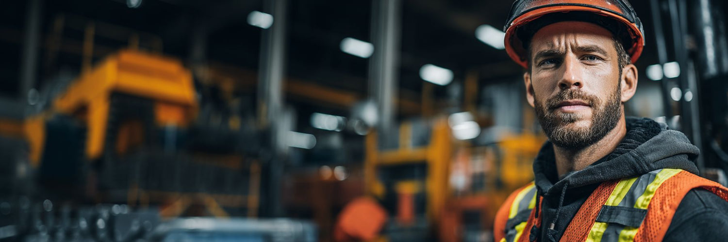 Man wearing a hard hat and safety vest in an industrial setting