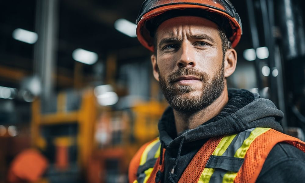 Man wearing a hard hat and safety vest in an industrial setting