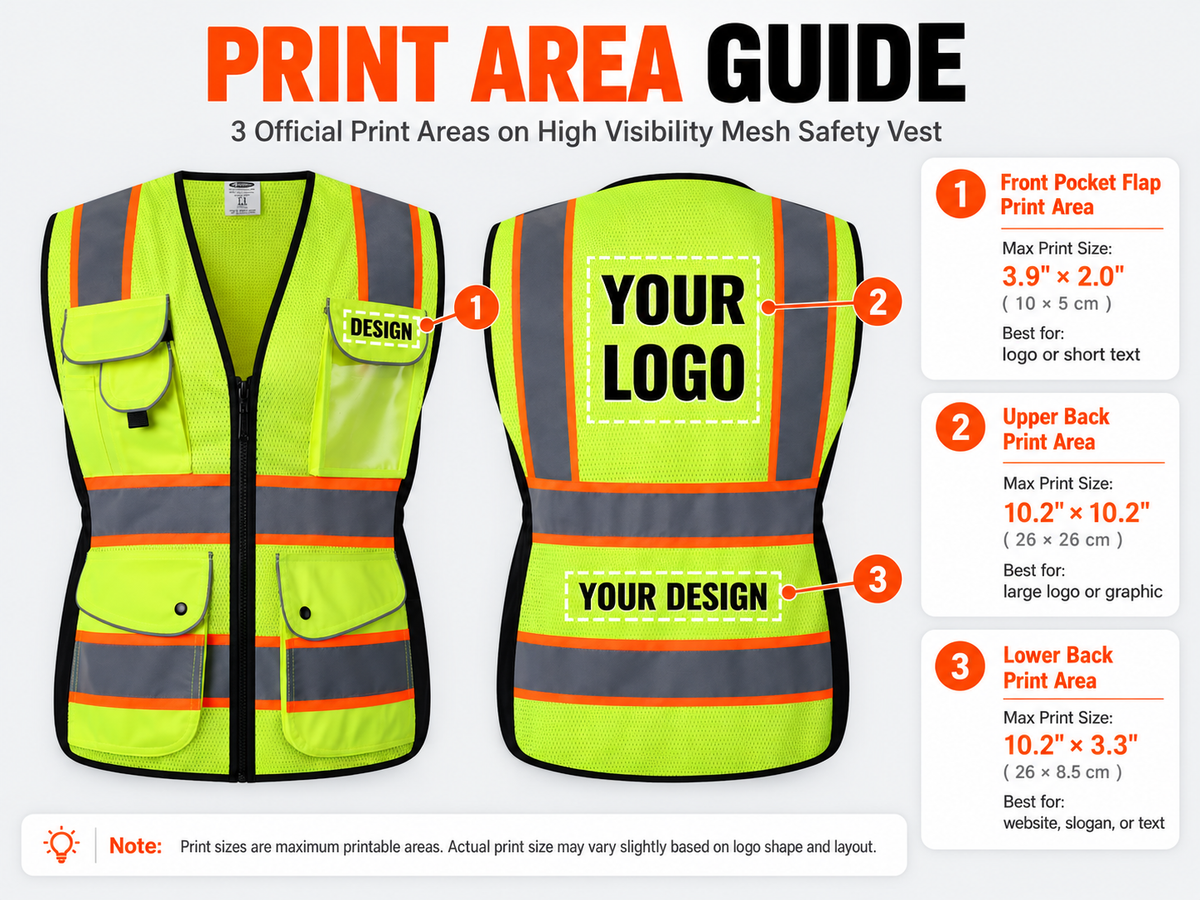 Custom Women's Hi-Vis Safety Vest with Logo – JK168 Print Area Guide