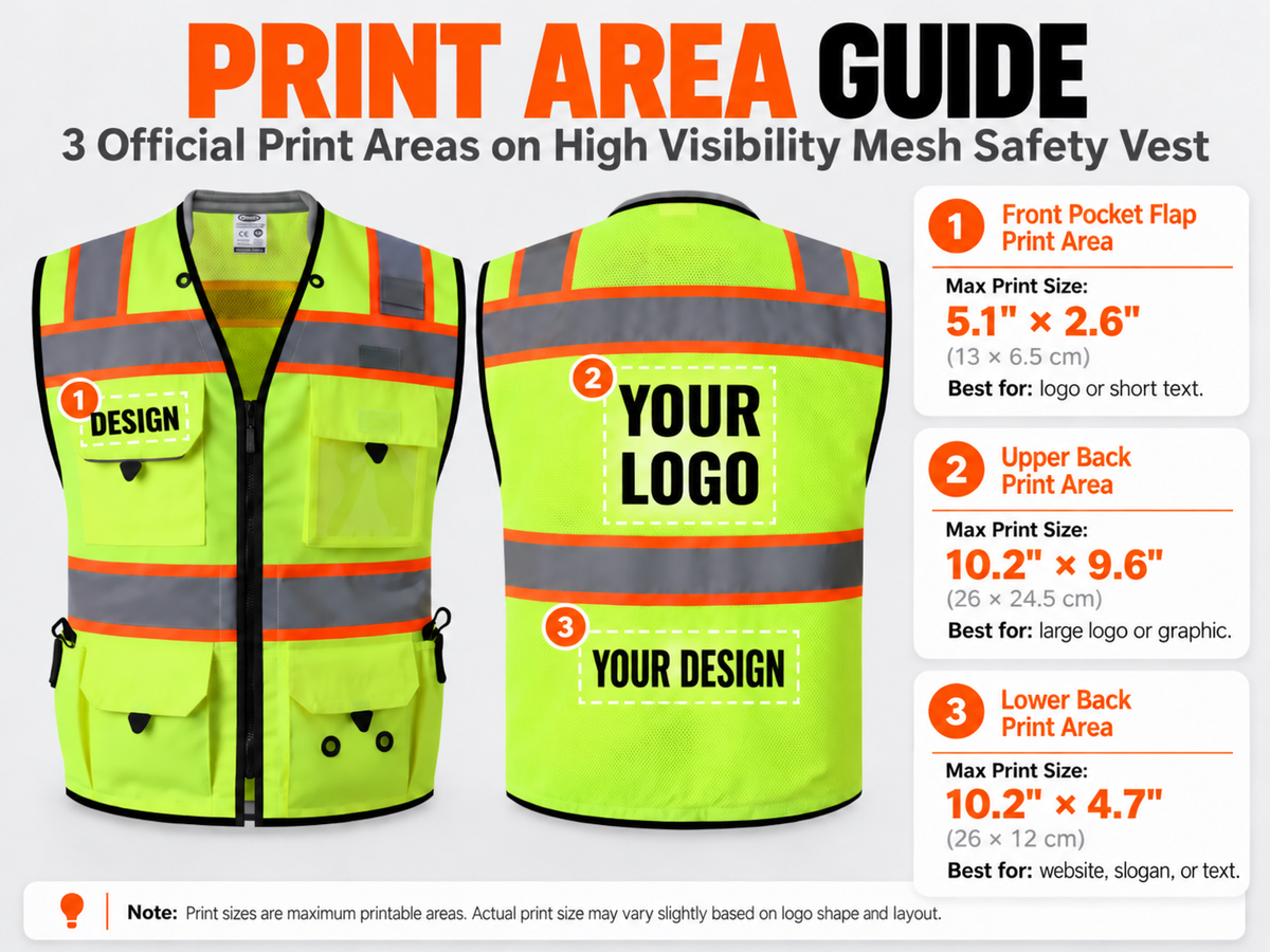 Custom Heavy Duty Surveyor Safety Vest with Logo – JK188 | JKSafety Print Area Guide