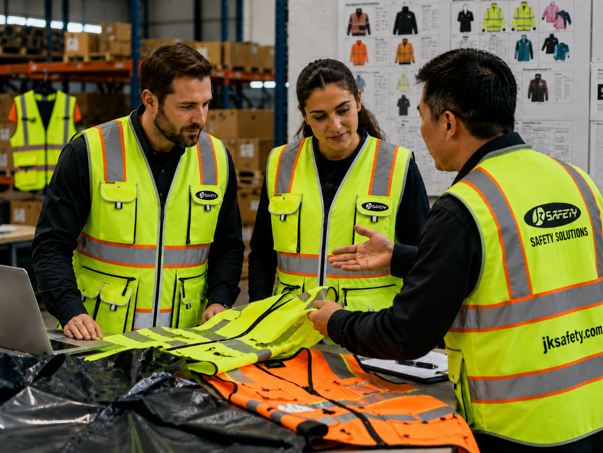 JKSafety team discussing high visibility safety workwear options