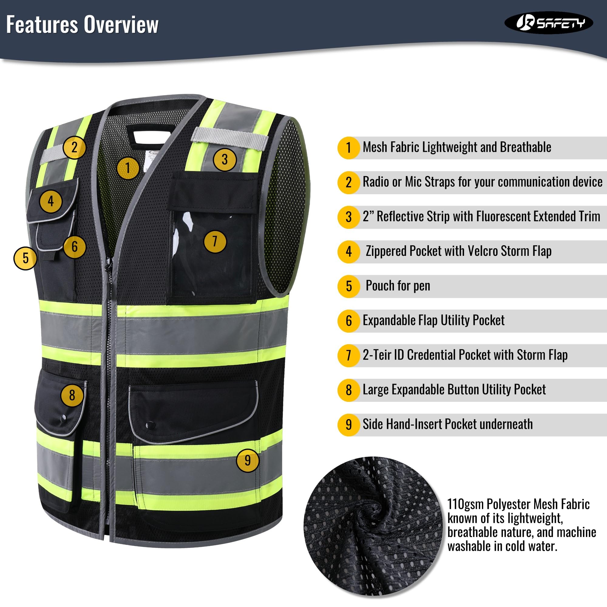 JKSafety 11 Pockets Mesh Hi-Vis Safety Vest