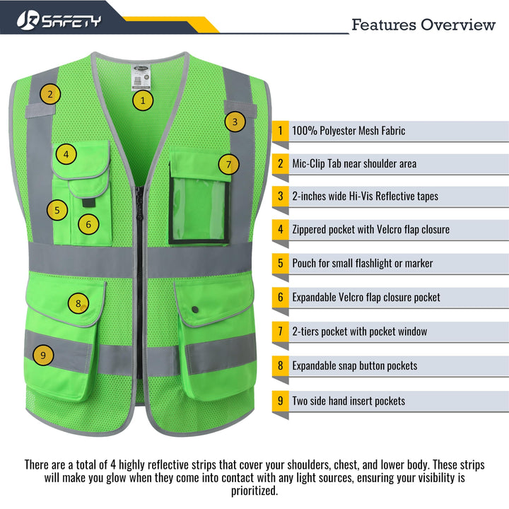 JKSafety 9 Pockets Mesh Hi-Vis Reflective Safety Vest (JK159)