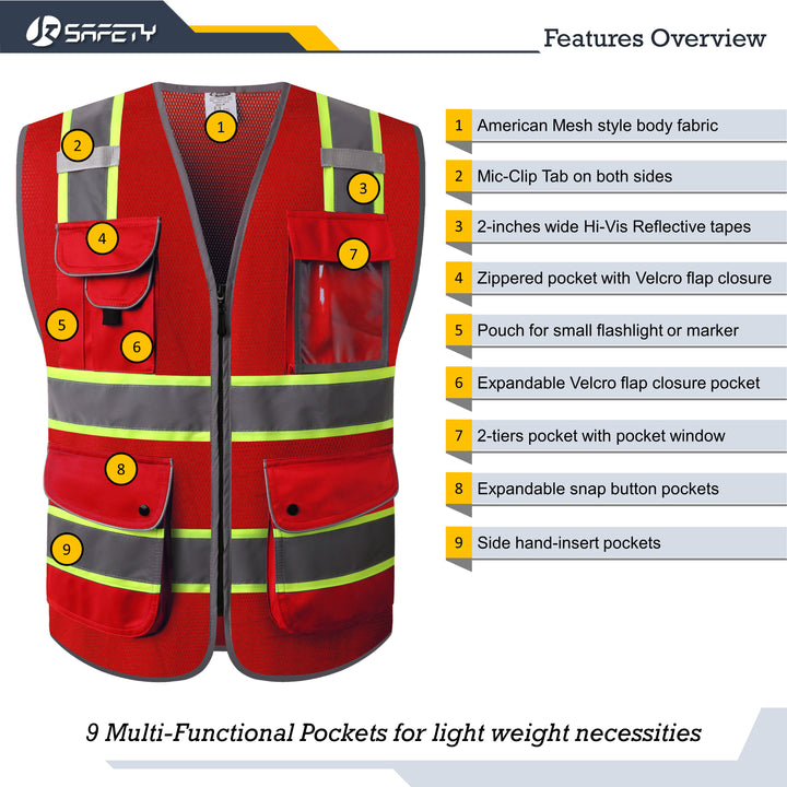 JKSafety 9 Pockets Mesh Two-Tone Hi-Vis Reflective Safety Vest (JK100)