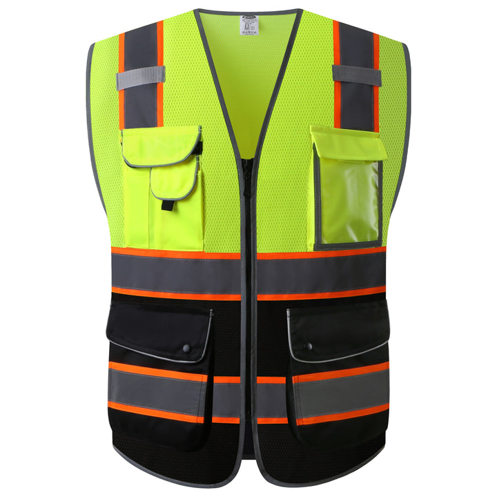 JKSafety Chaleco de seguridad reflectante de alta visibilidad de dos tonos de malla con 9 bolsillos, parte inferior negra (JK100)
