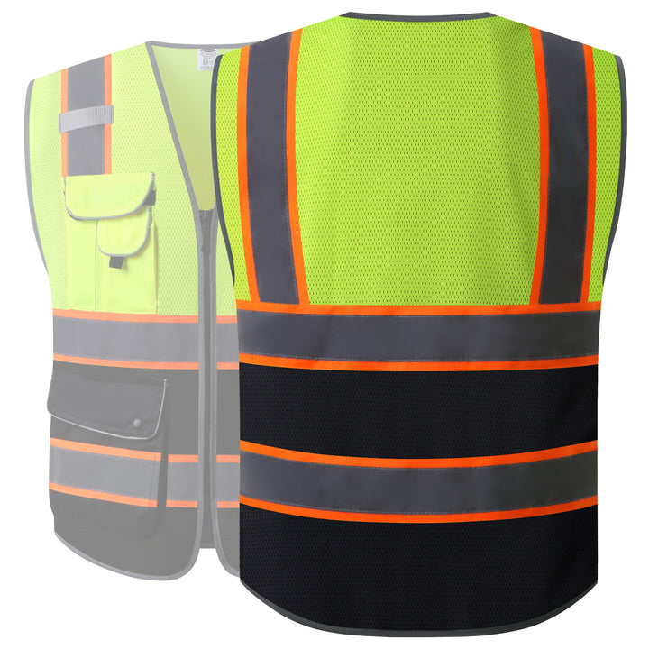 JKSafety Chaleco de seguridad reflectante de alta visibilidad de dos tonos de malla con 9 bolsillos, parte inferior negra (JK100)