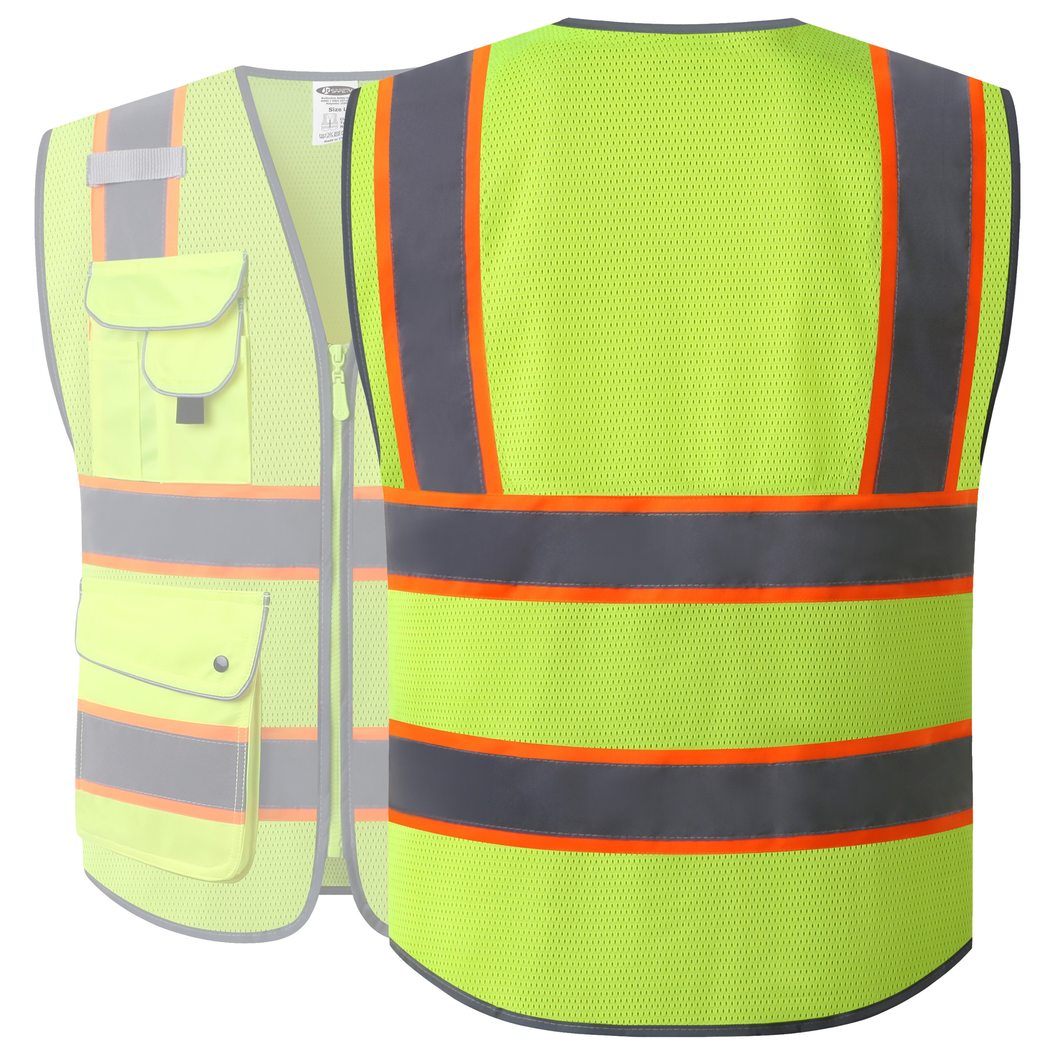 JKSafety 9 Pockets Hi-Vis Mesh Reflective Safety Vest, Two-Tone