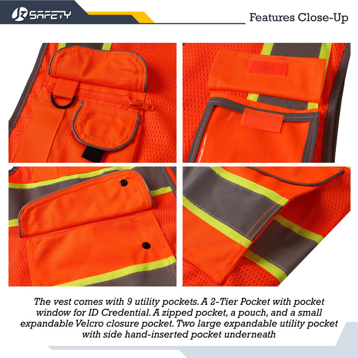 JKSafety Chaleco de seguridad reflectante de alta visibilidad de dos tonos de malla con 9 bolsillos (JK100)
