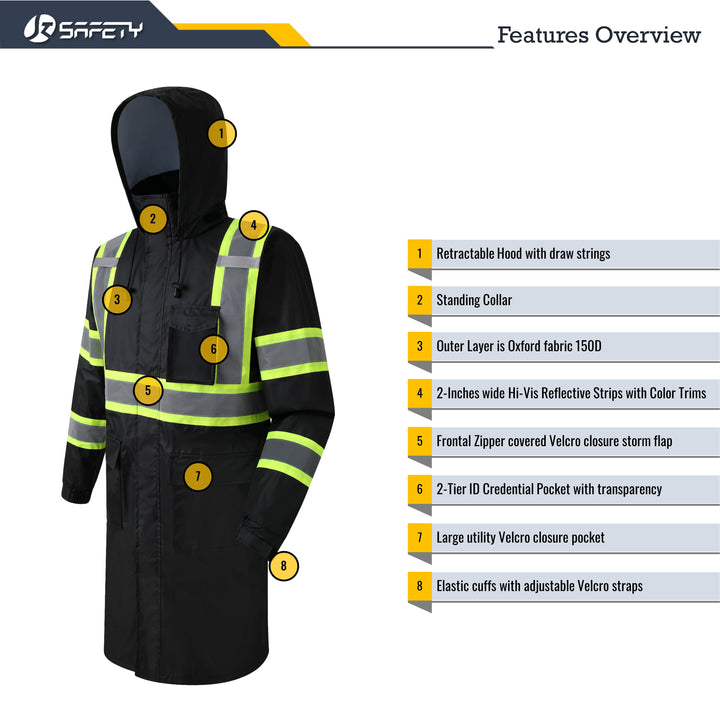 JKSafety Hi-Vis Reflective Safety Rain Gear, Waterproof Long Rain Jacket (JKR119)