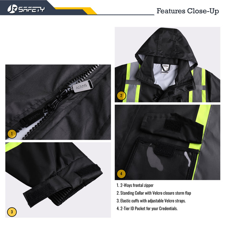 JKSafety Hi-Vis Reflective Safety Rain Gear, Waterproof Long Rain Jacket (JKR119)