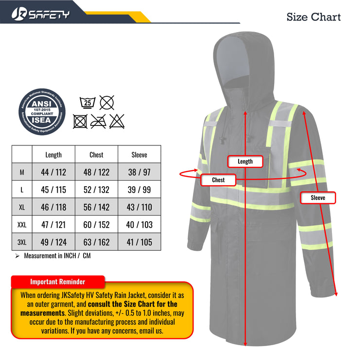 JKSafety Hi-Vis Reflective Safety Rain Gear, Waterproof Long Rain Jacket (JKR119)