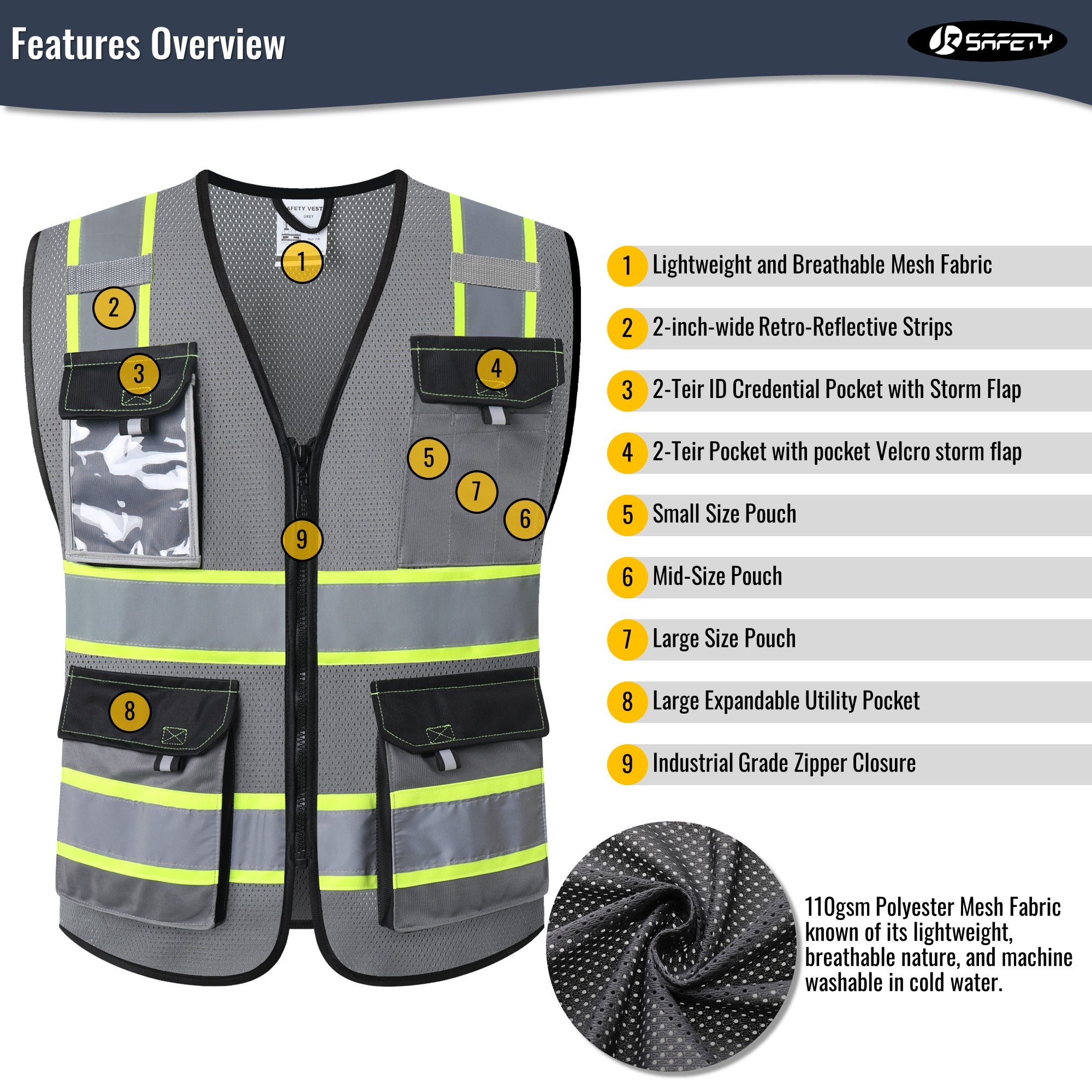 JKSafety 8 Pockets Two-Tone Mesh Hi-Vis Reflective Safety Vests