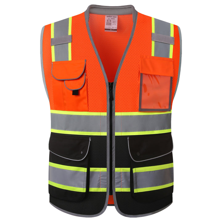 JKSafety 9 Pockets Mesh Two-Tone Hi-Vis Reflective Safety Vest, Cushion Collar, Black Bottom (JK101)