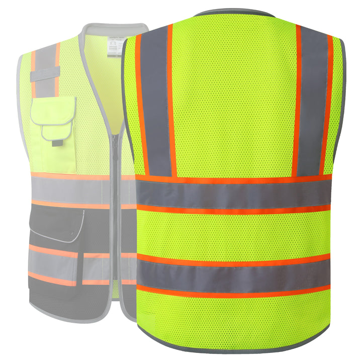 JKSafety 9 Pockets Mesh Two-Tone Hi-Vis Reflective Safety Vest, Cushion Collar (JK101)