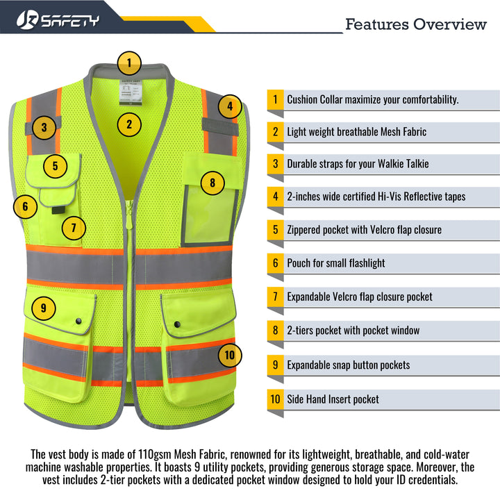 JKSafety 9 Pockets Mesh Two-Tone Hi-Vis Reflective Safety Vest, Cushion Collar (JK101)