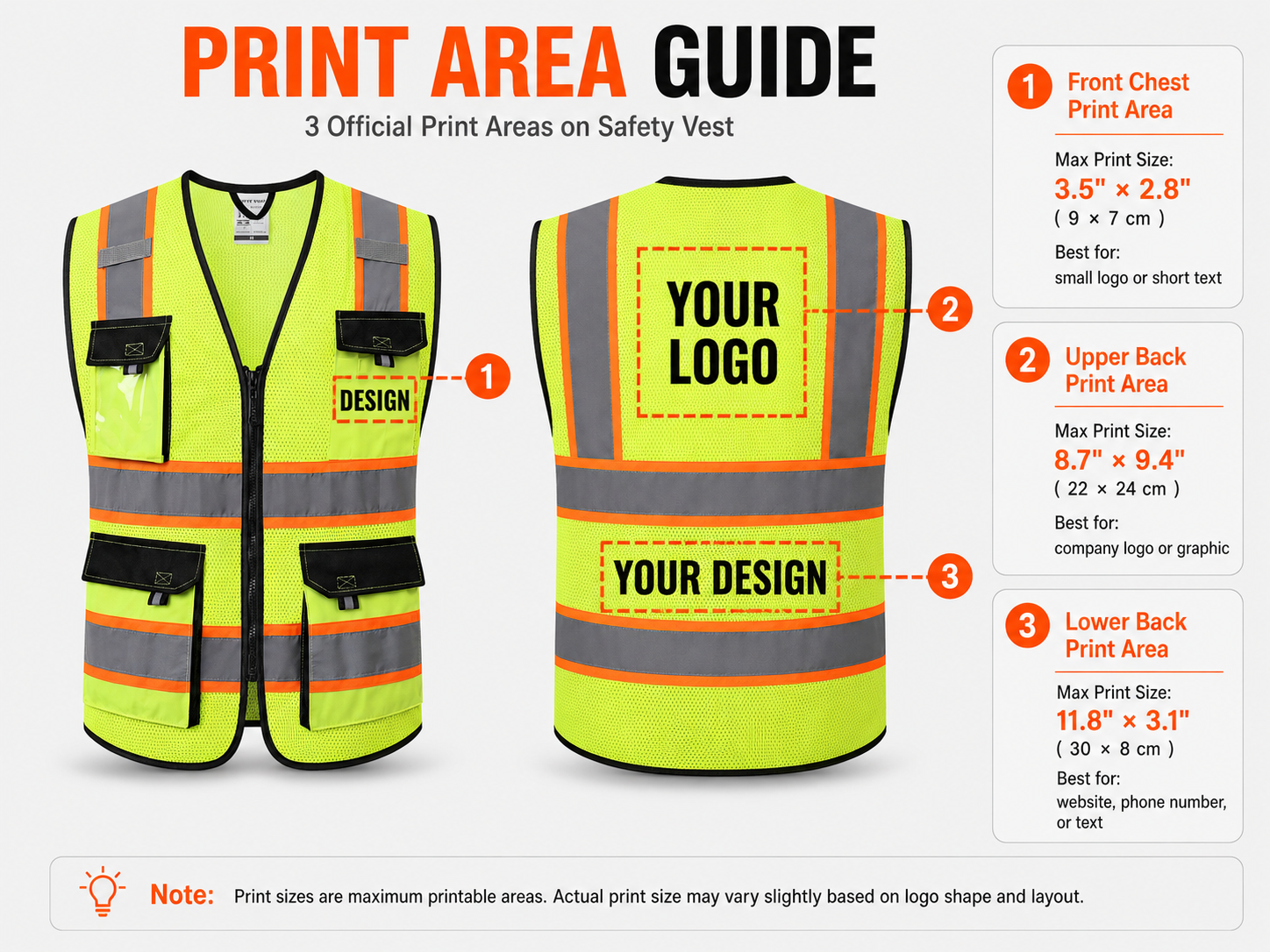 Custom Company Logo Hi-Vis Safety Vest for Work Teams| JK220 Print Area Guide