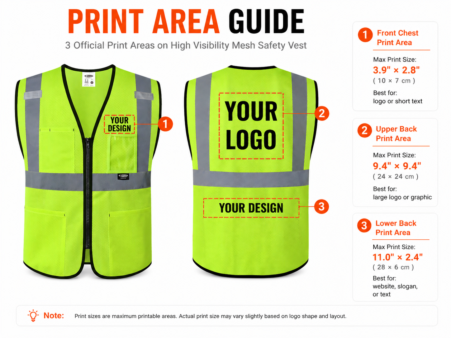 Custom Hi-Vis Safety Vest with Logo Printing – No Minimum Order | BX310 Print Area Guide