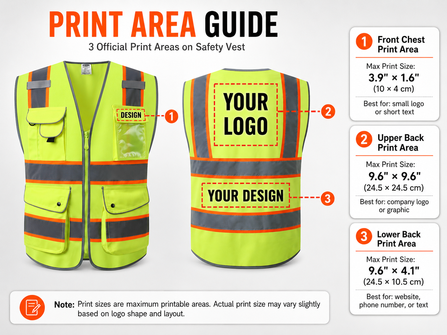 CUSTOM Hi-Vis Safety Vests & Reflective Workwear | JKSafety(JK901) Print Area Guide