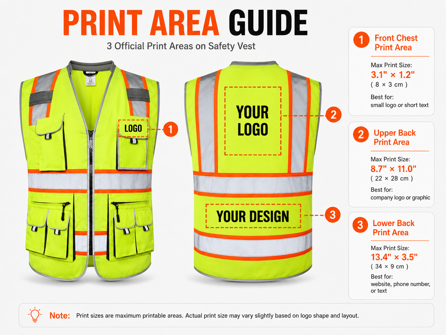 Custom Hi-Vis Safety Vest with Logo Printing – No Minimum Order | JK089 Print Area Guide