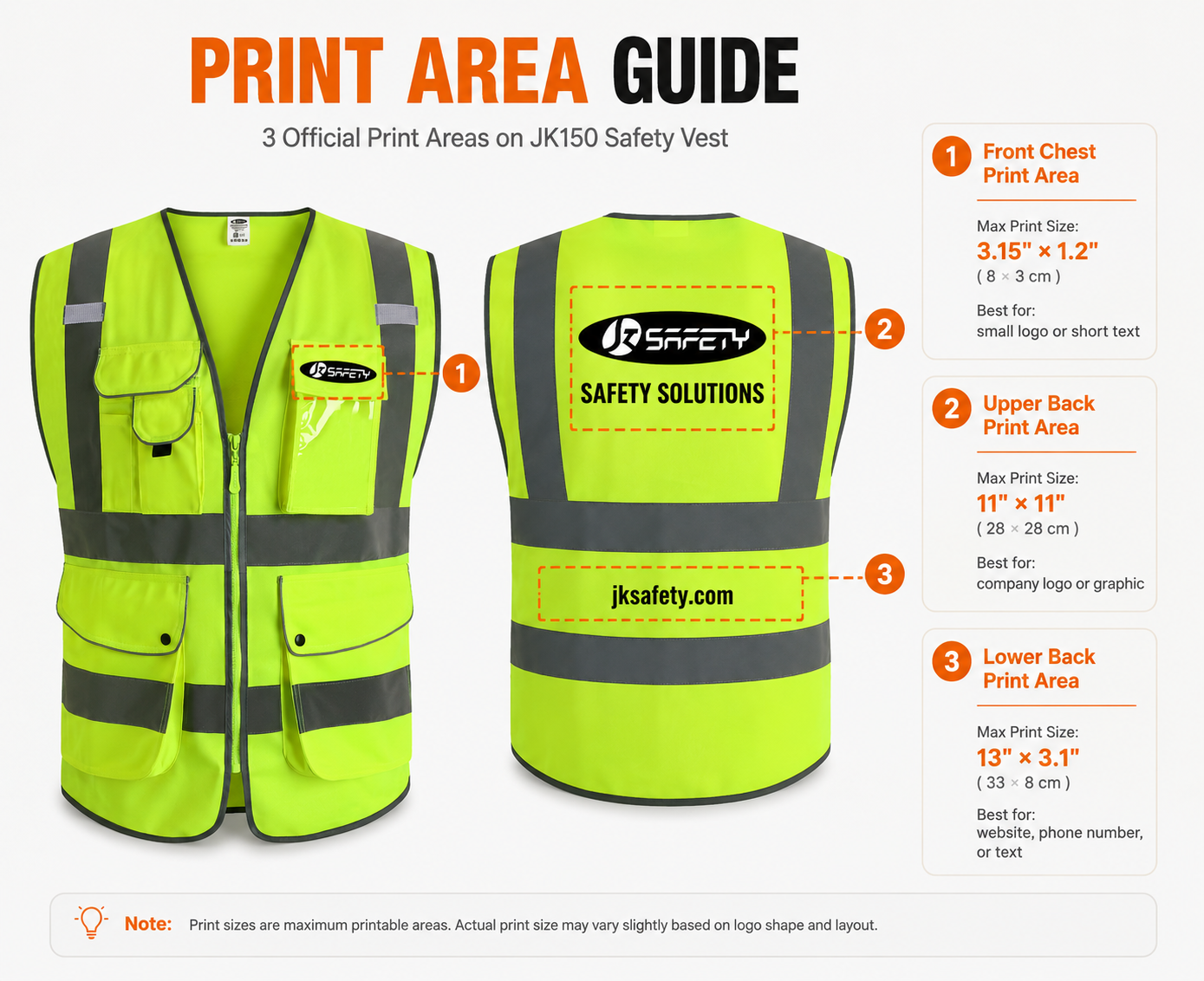 Custom Logo Hi-Vis Reflective Safety Vest with 9 Pockets and Zipper – JK150 Print Area Guide