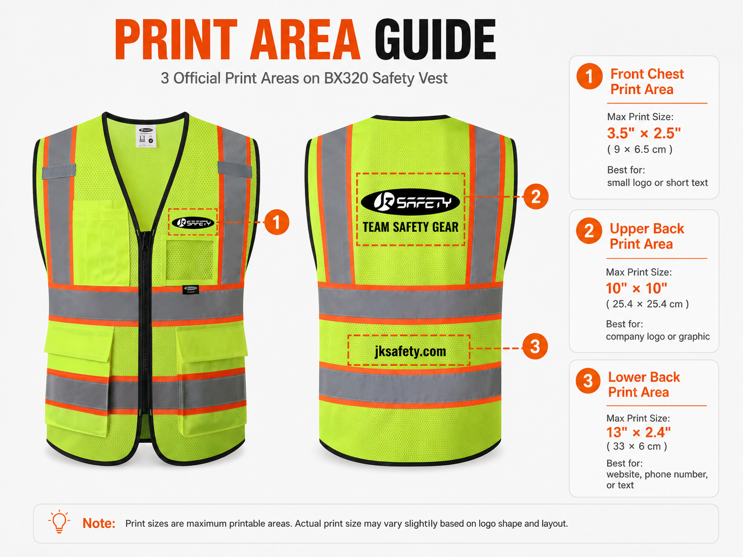 Custom Hi-Vis Safety Vest with Logo Printing – No Minimum Order | BX320 Print Area Guide