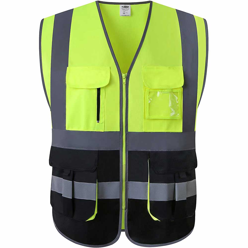 JKSafety 7 Pockets Hi-Vis Reflective Safety Vest, Black Bottom