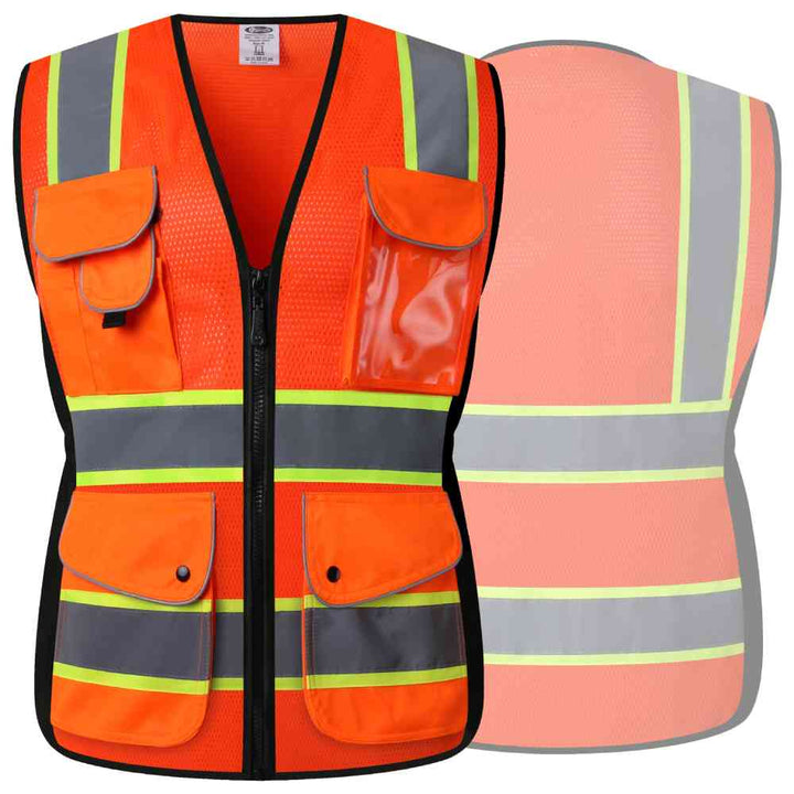 JKSafety Chaleco de seguridad reflectante de alta visibilidad de dos tonos de malla para mujer con 9 bolsillos (JK168)