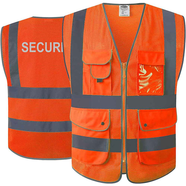 JKSafety 9 Pockets Mesh Hi-Vis Reflective Safety Vest, Security (JK200-SEC)