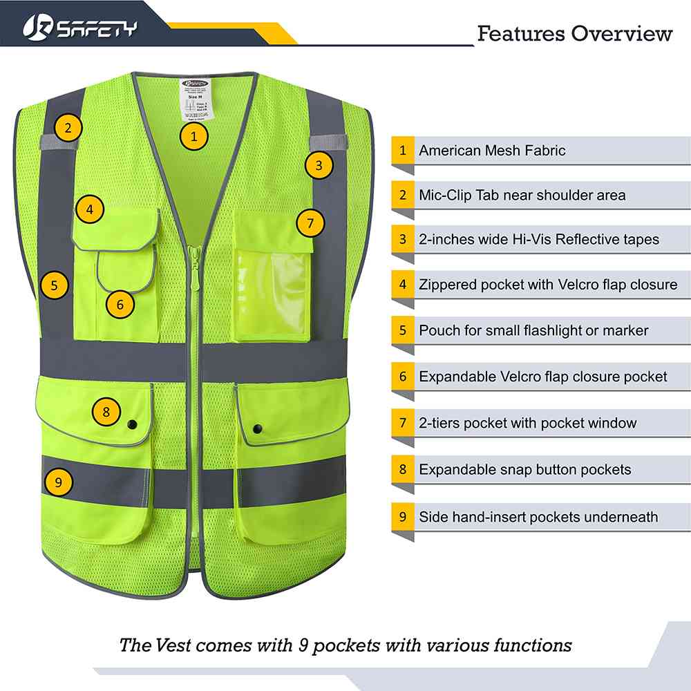 JKSafety 9 Pockets Mesh Hi-Vis Reflective Safety Vest
