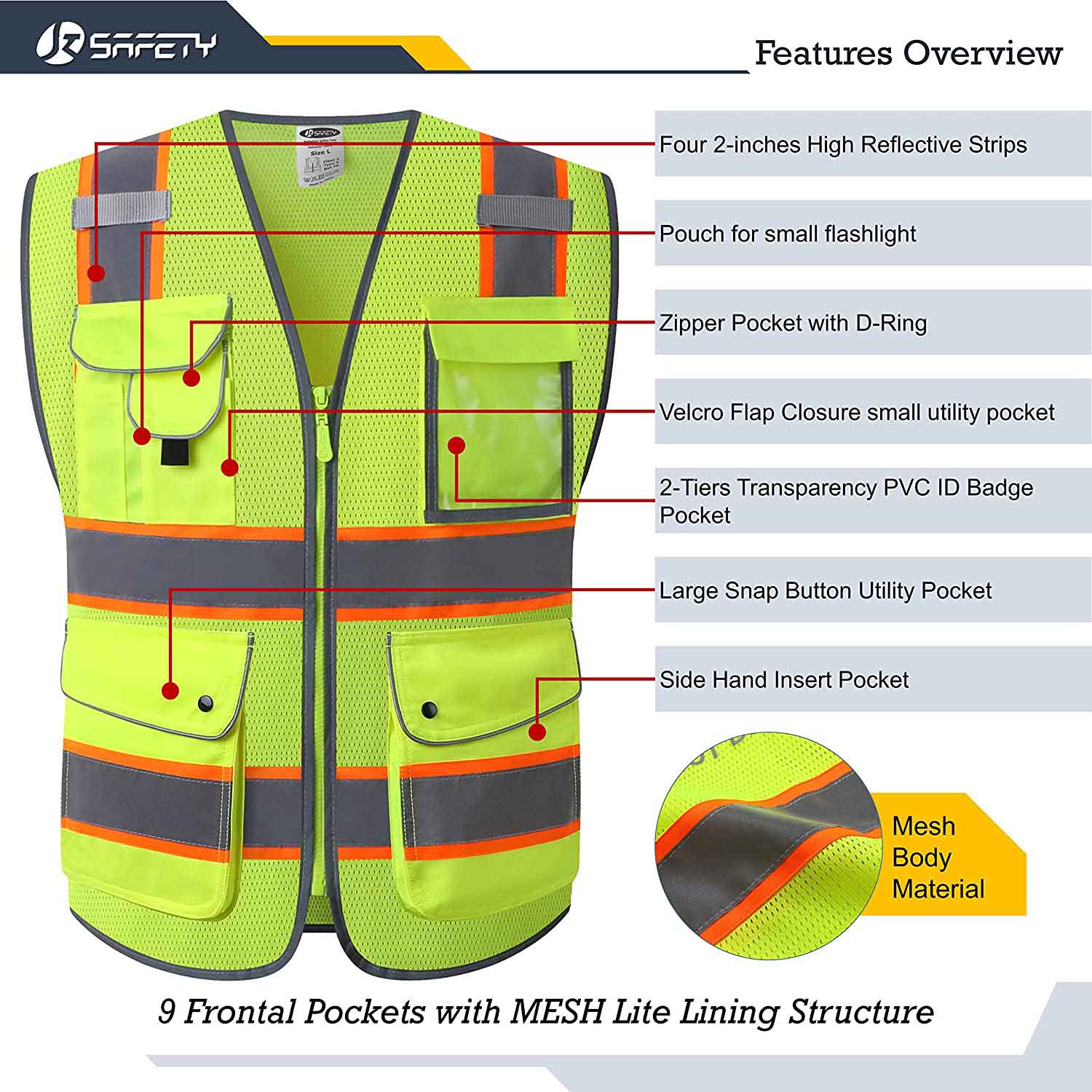JKSafety 9 Pockets Mesh Two-Tone Hi-Vis Reflective Safety Vest, FAA Drone  Pilot (JK100-FAA)
