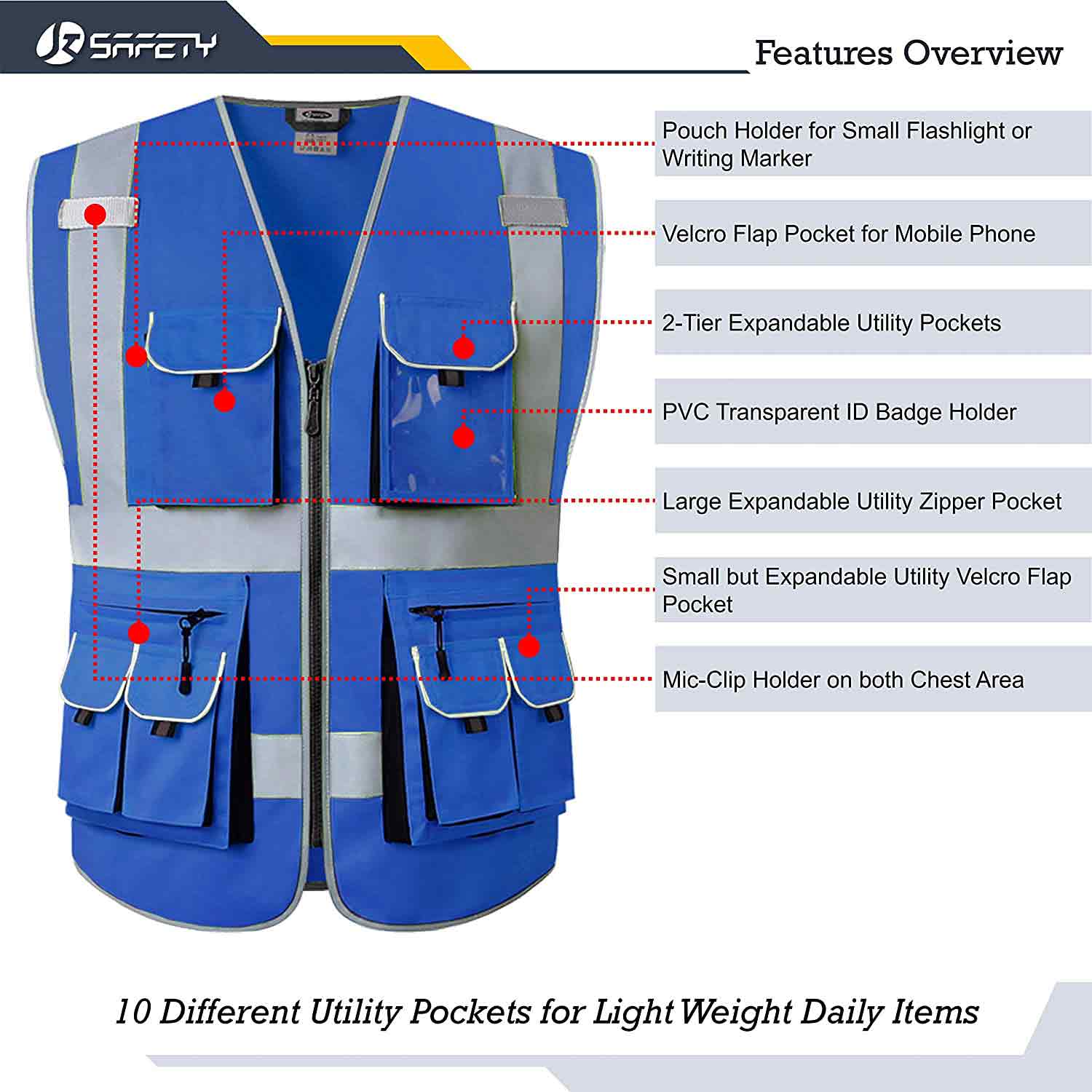 JKSafety 10 Pockets Hi-Vis Reflective Safety Vest