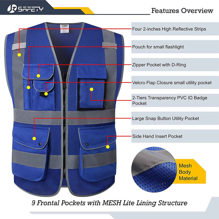 JKSafety 9 Pockets Mesh Hi-Vis Reflective Safety Vest, Security (JK200-SEC)