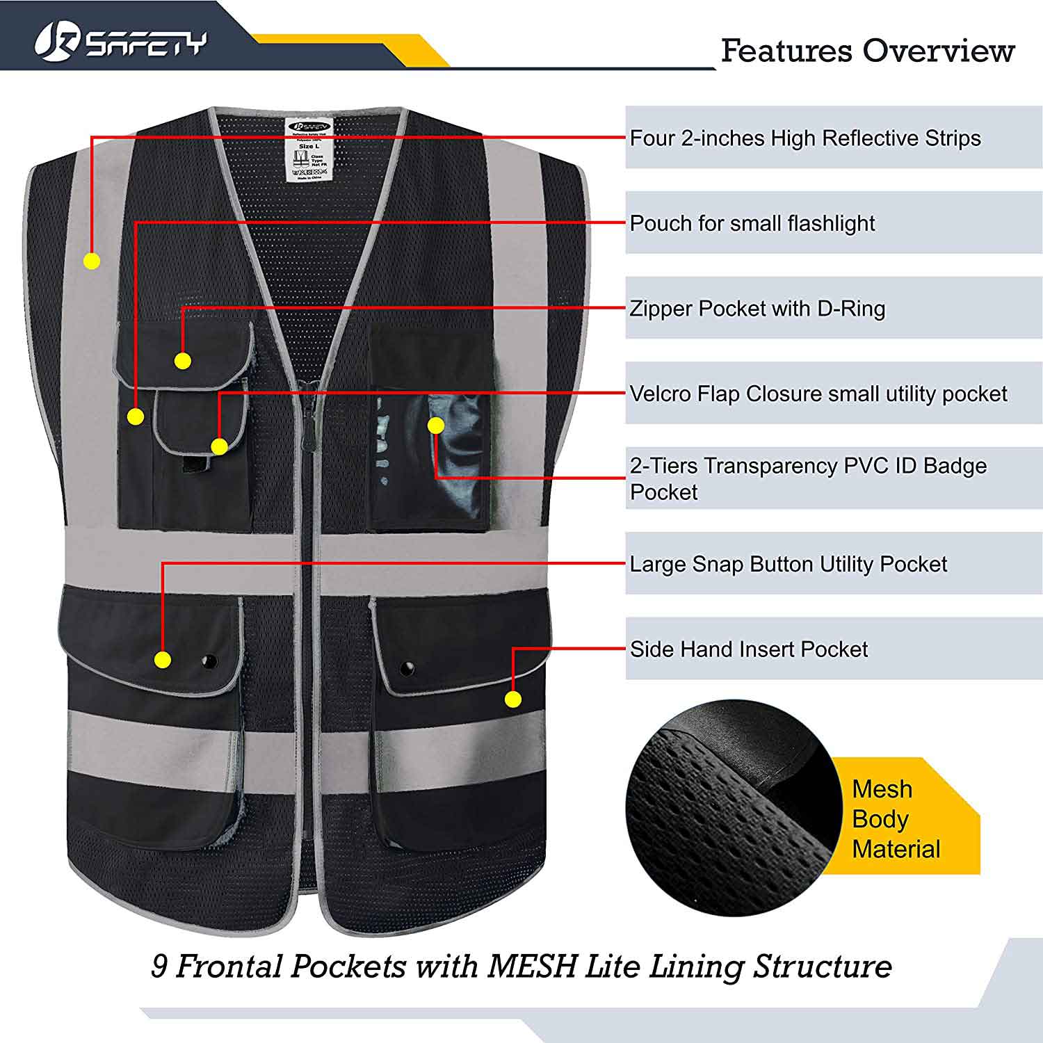 JKSafety Drone Pilot Hi-Vis Reflective Safety Vest, 9 Pockets