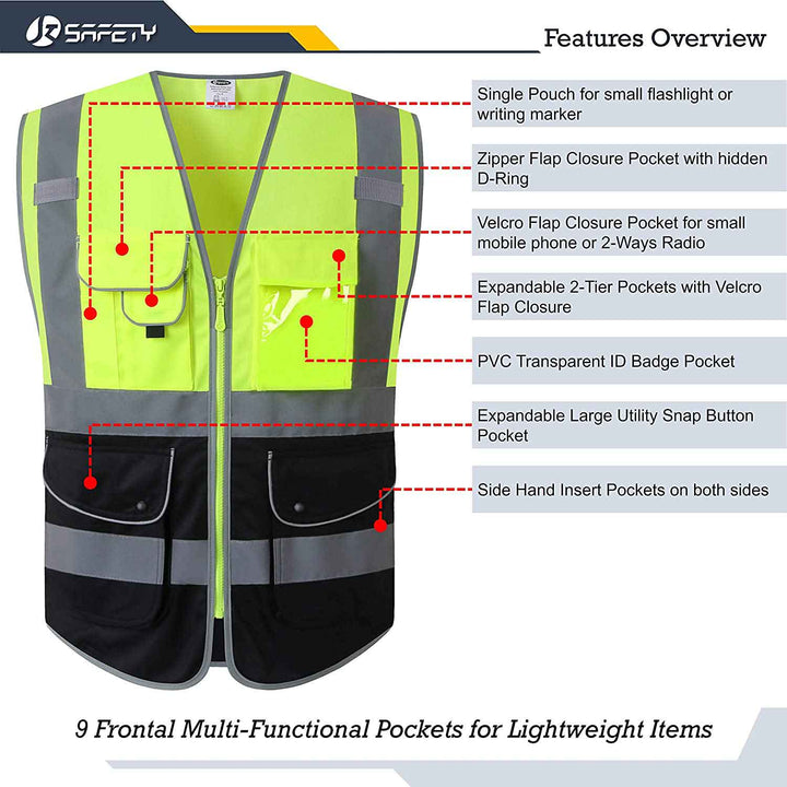 JKSafety Chaleco de seguridad reflectante de alta visibilidad con 9 bolsillos, parte inferior negra (JK150)