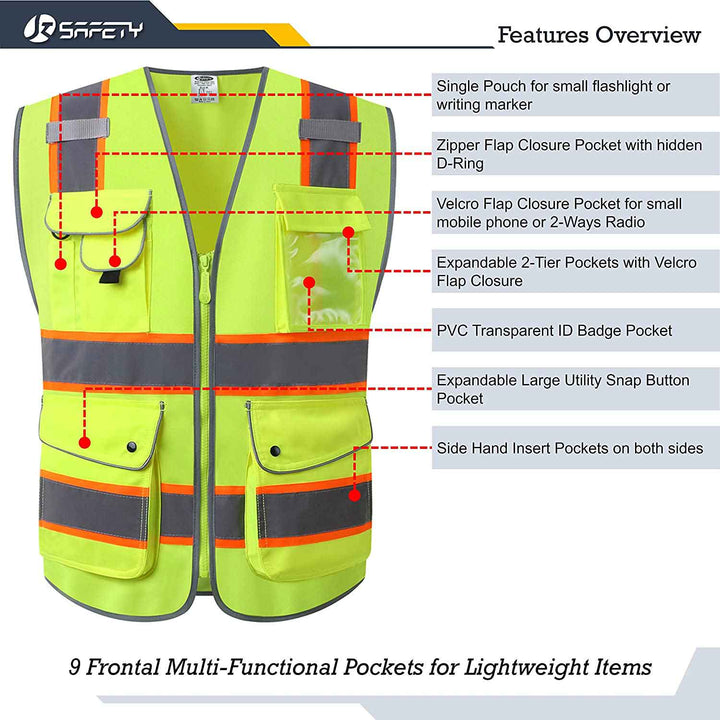 JK Safety Hi-Vis Reflective Safety Vest With Zipper & 9 Pockets | ANSI Class 2 Compliant