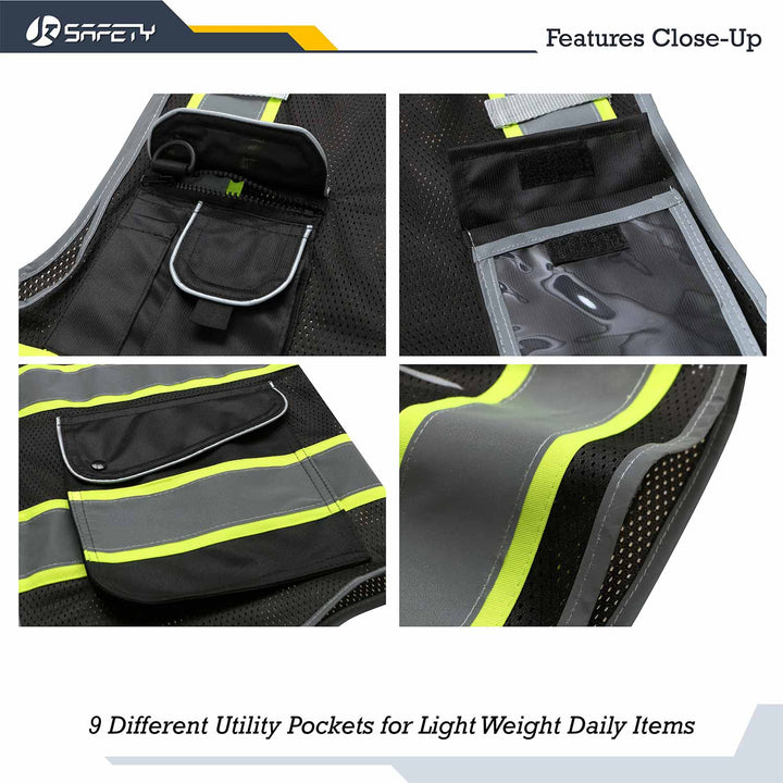 JKSafety 9 Pockets Mesh Two-Tone Hi-Vis Reflective Safety Vest, Security (JK100-SEC)