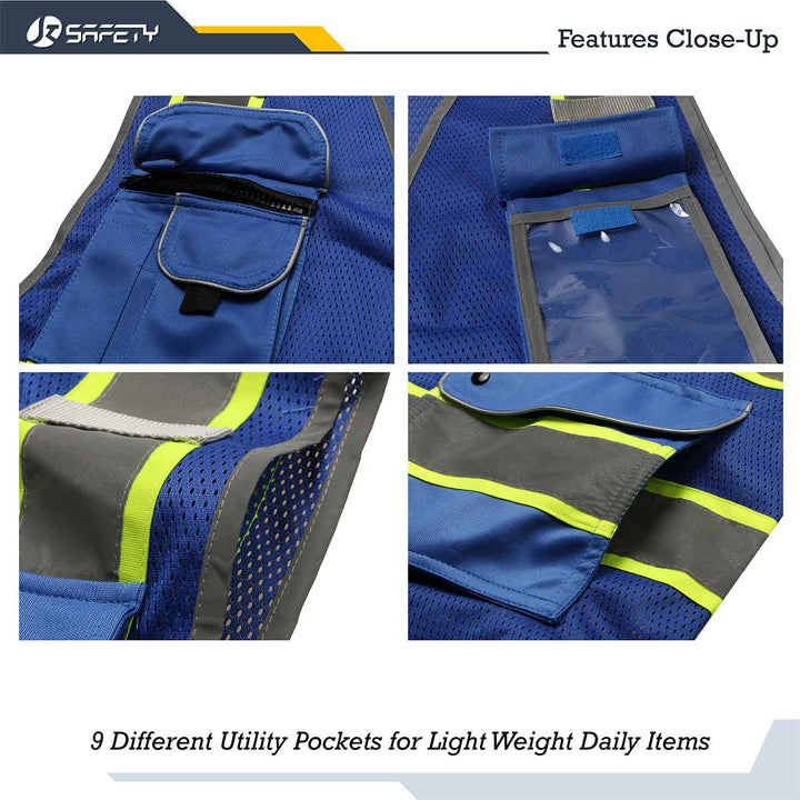 JKSafety Chaleco de seguridad reflectante de alta visibilidad de dos tonos de malla con 9 bolsillos, seguridad (JK100-SEC)